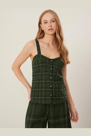 LEZ A LEZ Blusa De Alças Xadrez Em Algodão Com Botões Frontais