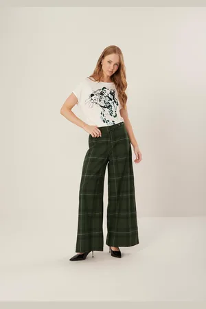 LEZ A LEZ Calça Pantalona Xadrez De Cintura Alta Em Algodão Peletizado