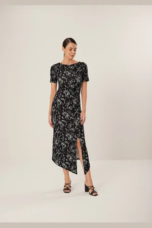 LEZ A LEZ Vestido Midi Chá Estampado Assimétrico Em Malha Canelada