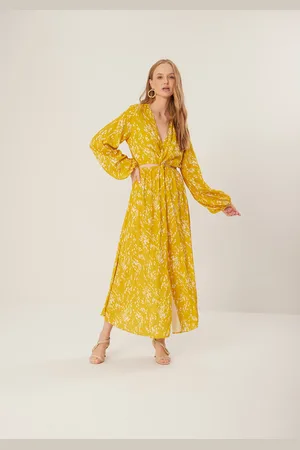 LEZ A LEZ Vestido Estampado Midi Chá Em Viscose Com Torção Frontal