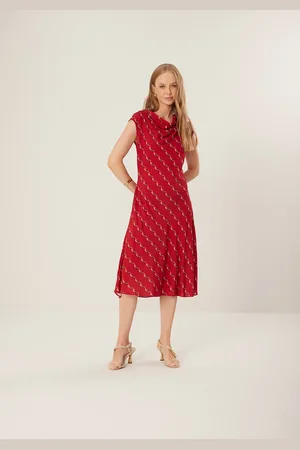 LEZ A LEZ Vestido Midi Chá Sem Mangas Estampado Com Gola Degagê