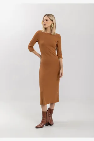LEZ A LEZ Vestido Midi Em Malha Canelada Com Fenda E Mangas Médias