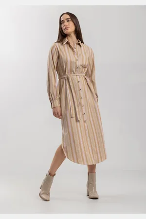 LEZ A LEZ Vestido Listrado Midi Chá Com Botões E Faixa Ajustável