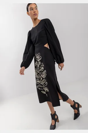 LEZ A LEZ Vestido Midi De Mangas Amplas Com Bordados Em Alto Relevo