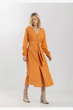 LEZ A LEZ Vestido Midi Chá Em Linho E Viscose Com Faixa Ajustável
