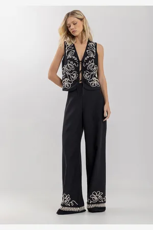 LEZ A LEZ Calça Pantalona Com Cintura Alta E Bordados Em Alto Relevo