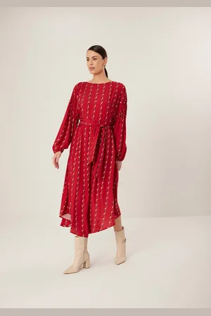 LEZ A LEZ Vestido Midi Chá Estampado De Mangas Amplas Com Faixa
