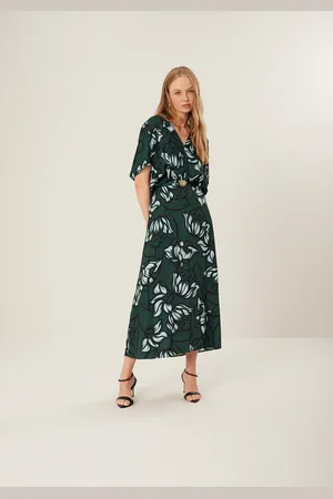 LEZ A LEZ Vestido Estampado Midi Chá Com Mangas 3/4 E Cinto Em Viscose