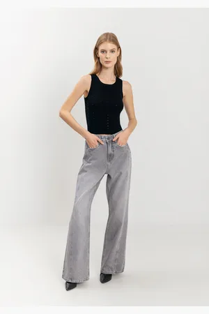 LEZ A LEZ Calça Wide Leg Jeans Com Cintura Alta E Recortes