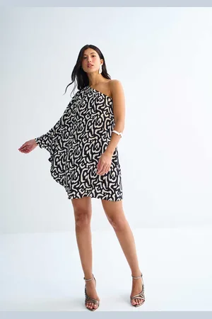 LEZ A LEZ Vestido Curto Amplo Um Ombro Só Animal Print