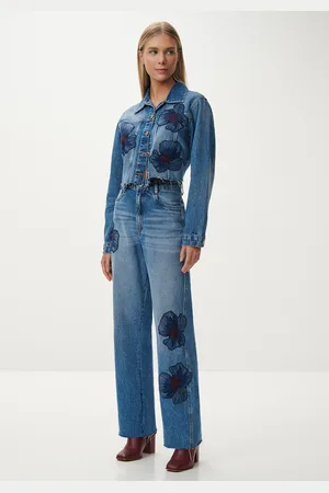 LEZ A LEZ Calça Reta Super Alta com Bordado Flores