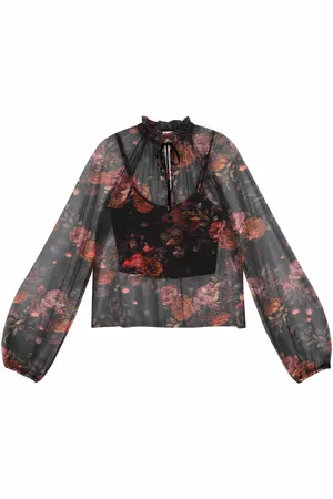 LEZ A LEZ Blusa Manga Longa Bufante em Tule Estampado