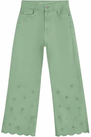 LEZ A LEZ Calça Sarja Wide Leg Super Alta com Bordado Barra