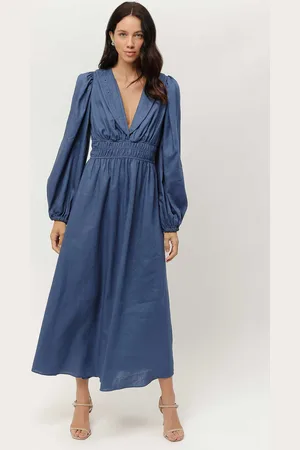 LEZ A LEZ Vestido Midi em Linho com Manga Longa Bufante