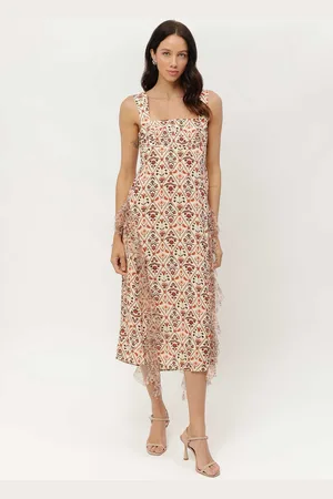 LEZ A LEZ Vestido Midi Estampado em Viscose com Babado Tule