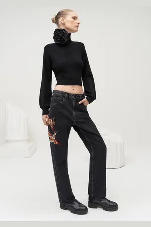 LEZ A LEZ Calça Jeans Reta Slim com Bordado Pássaros