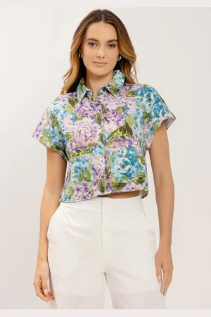 LEZ A LEZ Camisa Manga Curta Cropped em Linho Estampada
