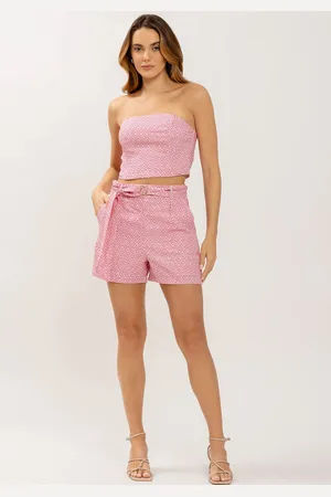 LEZ A LEZ Shorts Estampado Alfaiataria em Linho com Cinto
