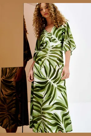 LEZ A LEZ Vestido Midi em Viscose Estampado com Manga Flare