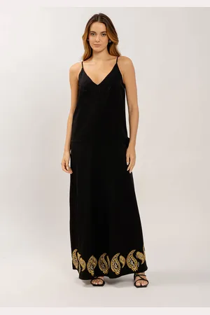 LEZ A LEZ Vestido Longo Reto com Bordado Paisley Lurex