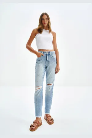 LEZ A LEZ Calça Mom Destroyed com Strass