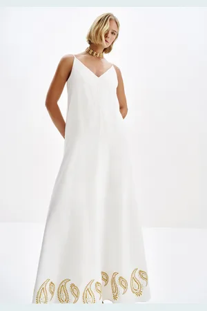 LEZ A LEZ Vestido Longo Reto com Bordado Paisley Lurex