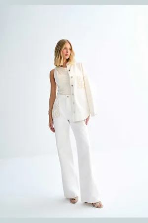 LEZ A LEZ Calça Sarja Wide Leg Cintura Alta Off-White com Bordado