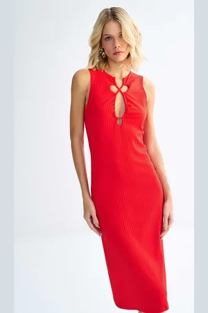 LEZ A LEZ Vestido Midi Canelado com Cut Decote