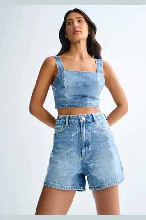 LEZ A LEZ Shorts Hot Pant Cintura Alta com Pastilha Transparente