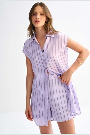 LEZ A LEZ Camisa Manga Curta Alongada em Viscose Listrada