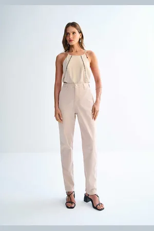 LEZ A LEZ Calça Sarja Reta Cintura Alta Cropped com Elasticidade