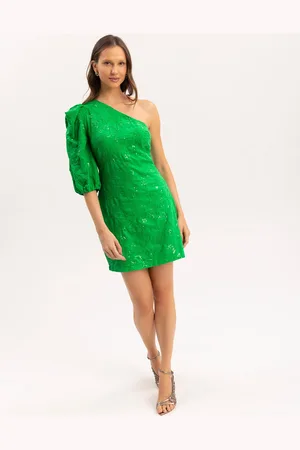 LEZ A LEZ Vestido Curto Um Ombro Só em Tecido Bordado Paetês