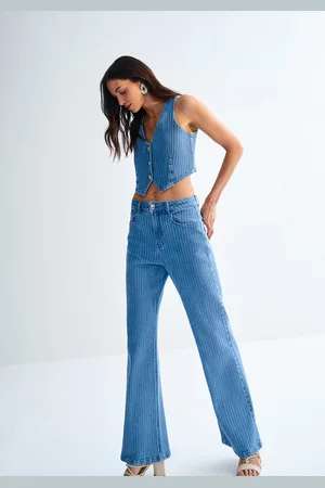 LEZ A LEZ Calça Wide Leg Cintura Alta Risca de Giz