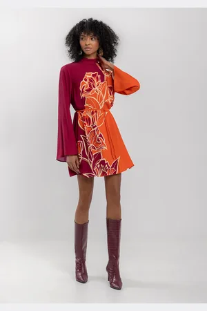 LEZ A LEZ Vestido Curto Estampado Com Mangas Longas Amplas E Cinto