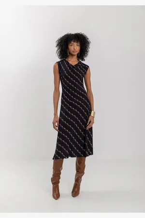 LEZ A LEZ Vestido Midi Chá Sem Mangas Estampado Com Gola Degagê