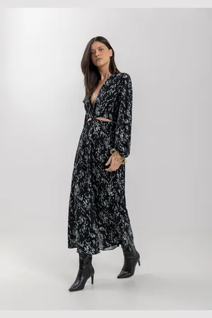 LEZ A LEZ Vestido Estampado Midi Chá Em Viscose Com Torção Frontal