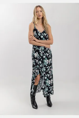 LEZ A LEZ Vestido Estampado Midi Chá Com Alças Finas E Babados