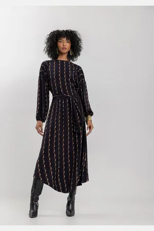 LEZ A LEZ Vestido Midi Chá Estampado De Mangas Amplas Com Faixa