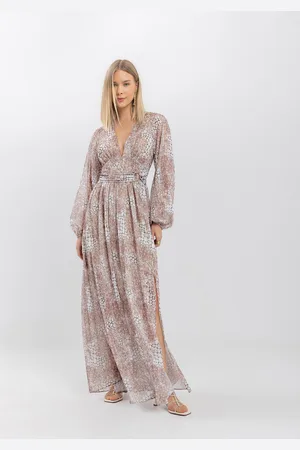 LEZ A LEZ Vestido Longo Estampado Com Mangas Amplas E Fenda Lateral