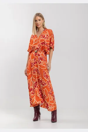 LEZ A LEZ Vestido Estampado Midi Chá Com Mangas 3/4 E Cinto Em Viscose