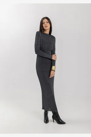 LEZ A LEZ Vestido Midi Chá Em Tricô Com Mangas Longas E Fios De Lurex