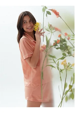 Liz Blusa de Pijama de Algodão Manga Curta 21505 Peach Fuzz P