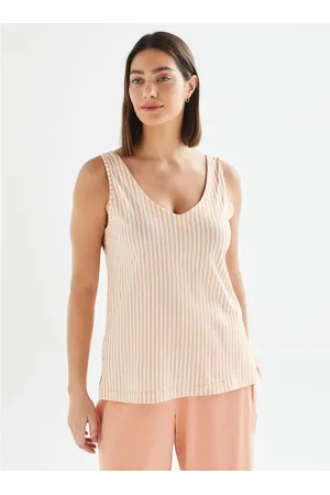 Liz Camiseta de Pijama Regata de Algodão Estampada 28507 Listra Peach Fuzz G