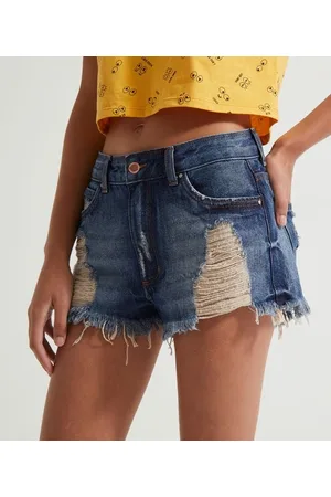 Blue Steel Short Jeans com Puídos e Barra Desfiada