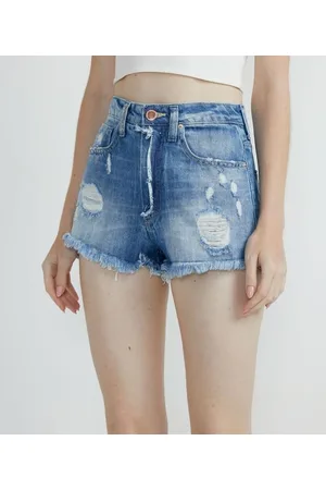 Blue Steel Short Cintura Alta Jeans com Recorte na Vista e Puídos
