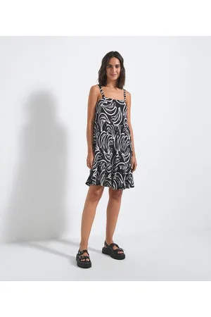 Blue Steel Vestido Curto Alça Fina com Babado Estampado em Ribana