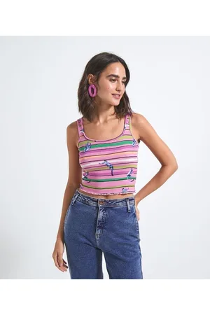 Blue Steel Blusa Cropped Listrada Estampada com Alça Larga
