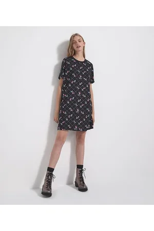 Blue Steel Vestido Manga Curta Estampa Xadrez Grid com Stitch e Corações