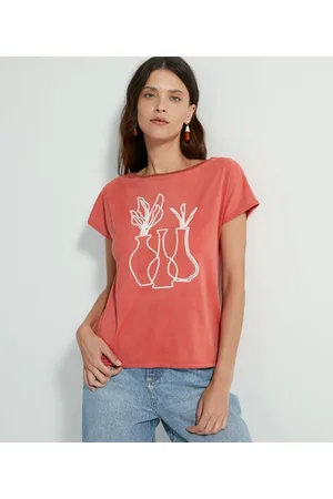 Marfinno Blusa Manga Curta em Suede com Bordado Frontal de Vasos