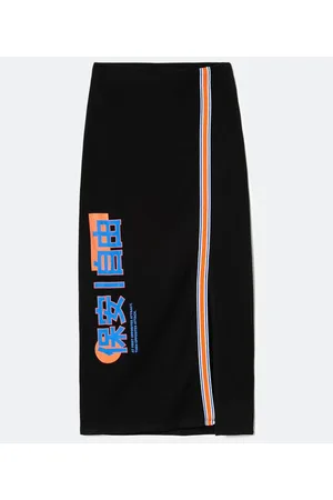 Blue Steel Saia Midi com Listra Contrastante e Estampa Japonês